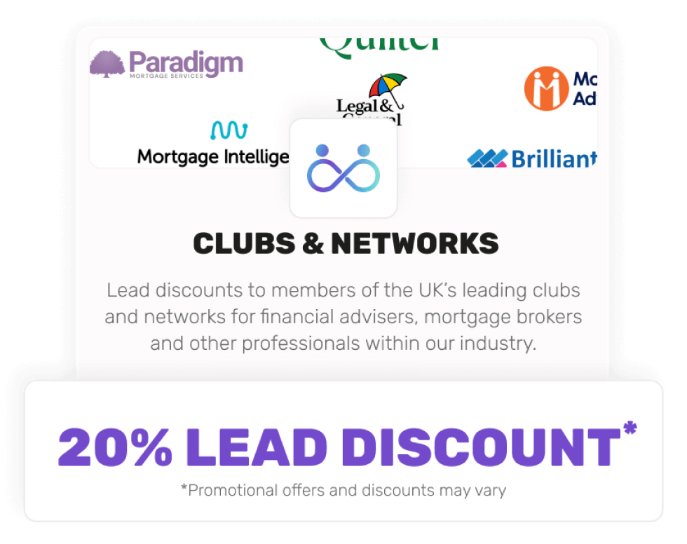 Clubs & Networks discount graphic showing 20% lead discount - stating offers may vary